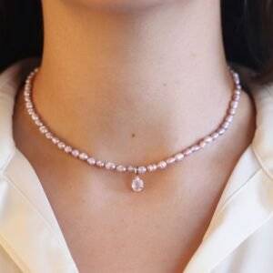 Colar de Pérolas Lilás com Quartzo Rosa