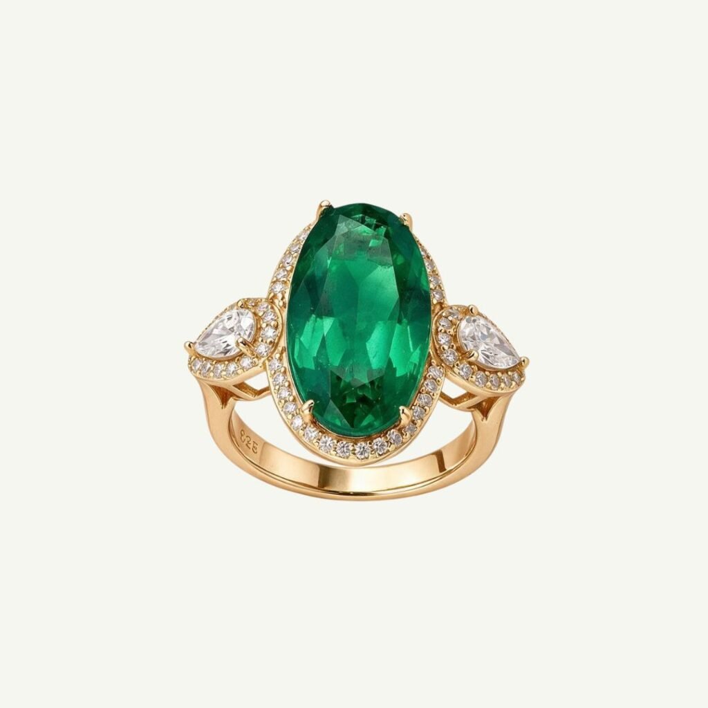 Maxi anel em prata 925 com cristal na cor verde esmeralda, pedra grande de corte retangular