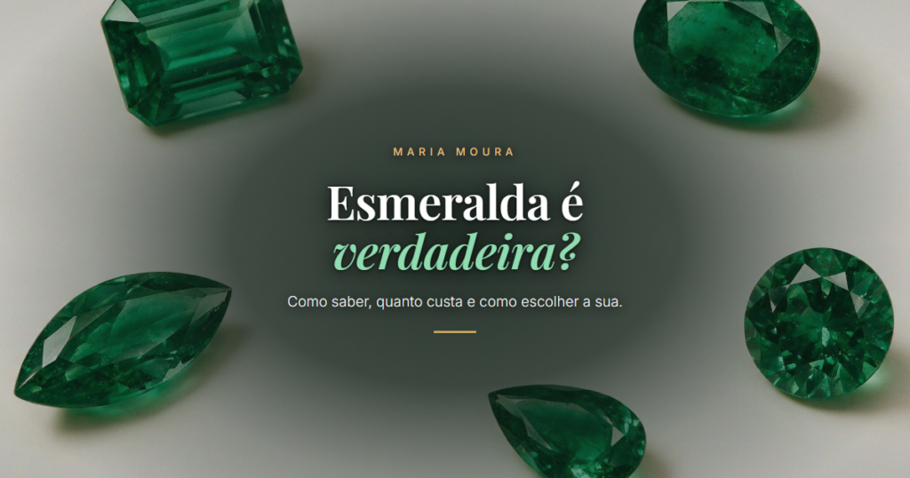Cinco esmeraldas soltas em lapidações diferentes (esmeralda, oval, navete, gota e redonda) sobre fundo off-white, com o título Esmeralda é verdadeira?