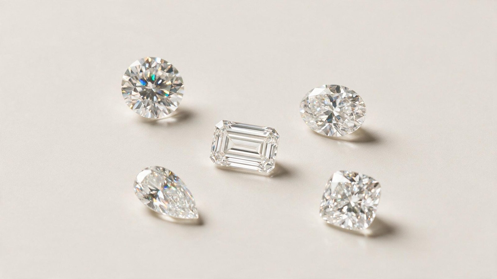 Cinco moissanites soltas em lapidações diferentes (redonda, oval, esmeralda, gota e almofada) sobre fundo off-white