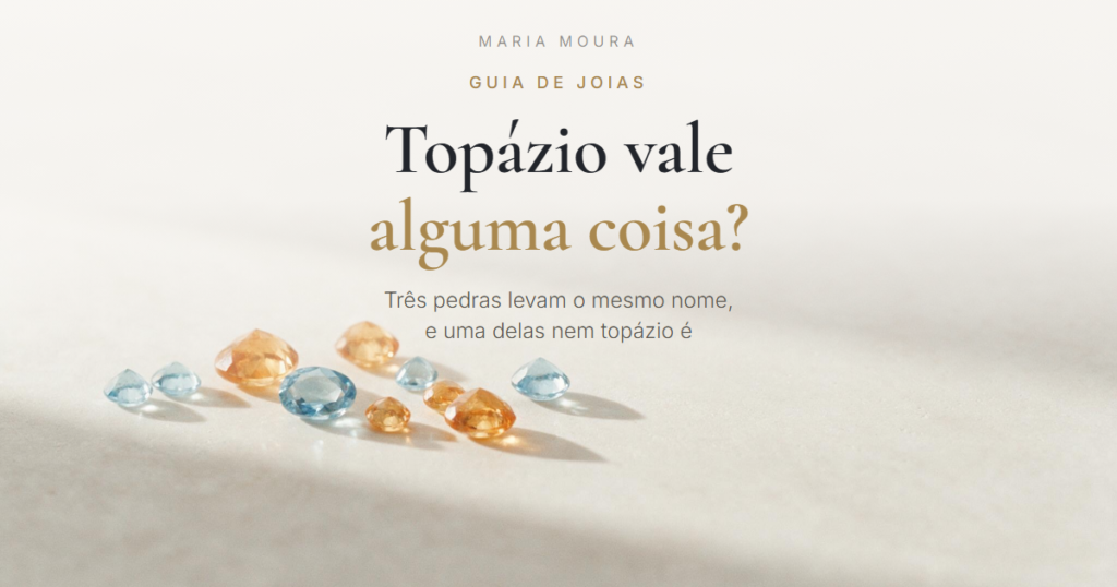 Capa do guia sobre topázio da Maria Moura Joias, com topázios azuis e alaranjados soltos sobre fundo claro